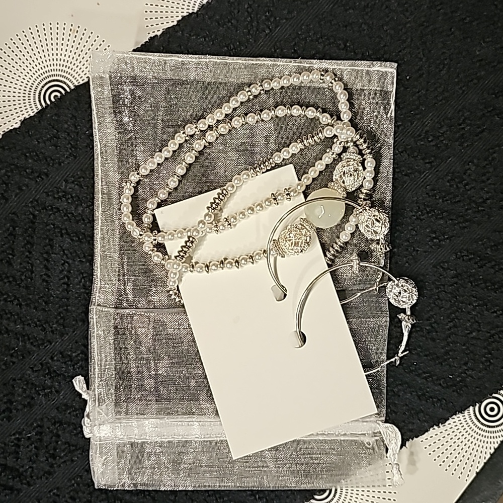 Triple Faux Pearl/Silver Bracelets and matching Hoop Earrings